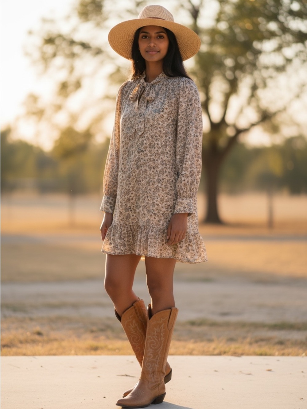 Sunday Best Beige Floral Tie-Neck Long-Sleeve Mini Dress